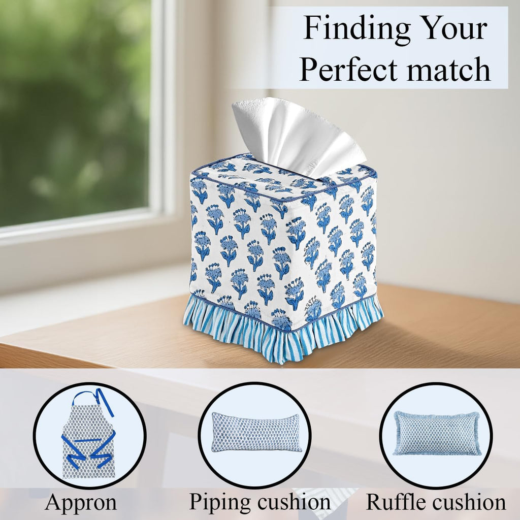 CPC 100% Cotton Ruffle Block Print Tissue Box Cover, Apatite Blue