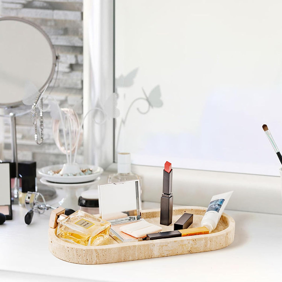 Natural Travertine Vanity Tray 12" x 5" for Bathroom Dresser Beige