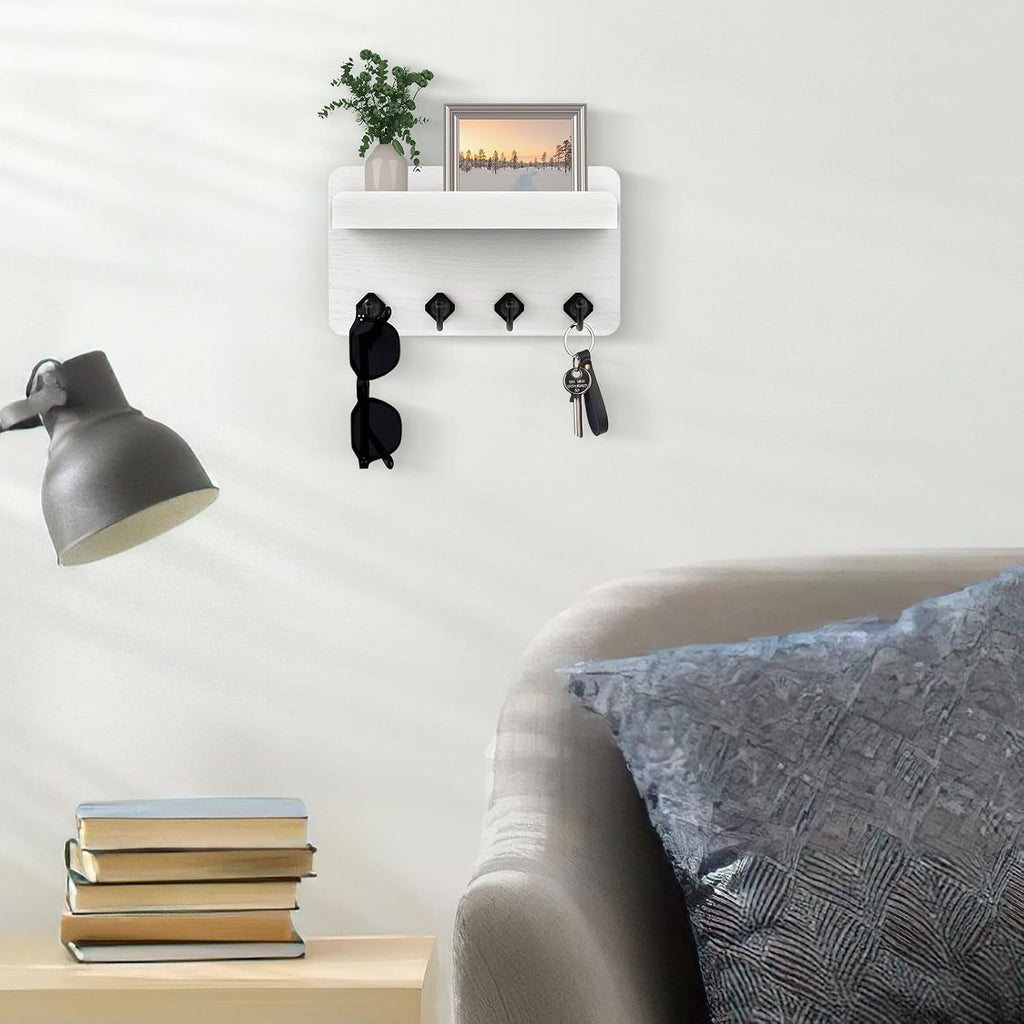 Nekon Key Holder Wall Mount, 8.5 Inch Small Wooden Wall Organizer, White