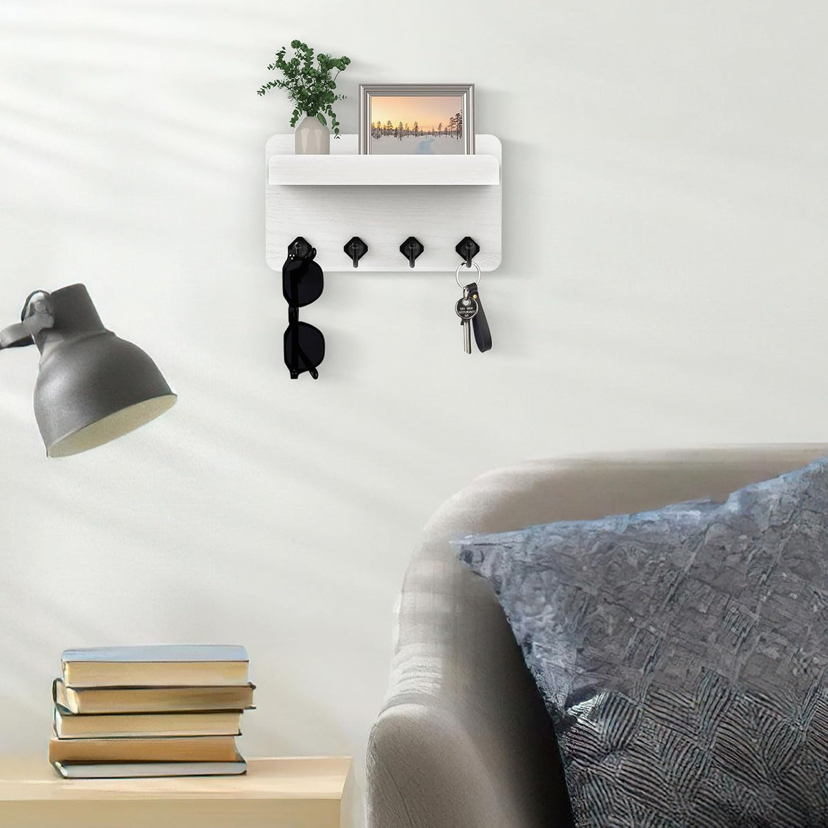 Nekon Key Holder Wall Mount, 8.5 Inch Small Wooden Wall Organizer, White