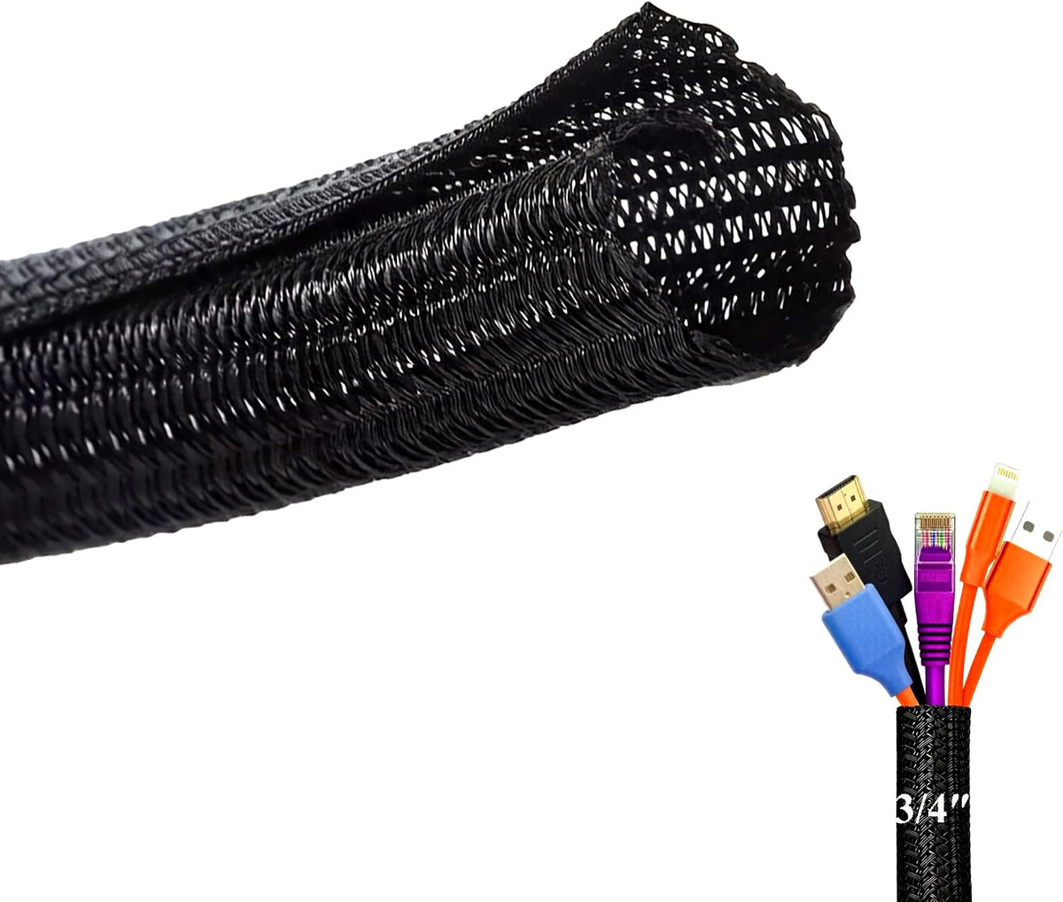 Split Wire Loom Cable Sleeve Management 3/4" Braided Mesh Wrap Cord Cover