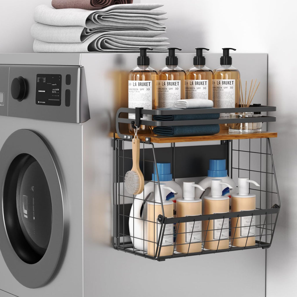 Magnetic Shelf for Fridge with Wood Lid, Large Capacity Magnetic Spice Rack for Refrigerator Kitchen Storage Bin for Fruit, Onion, Potatoes, Storage Organizer for Counter & Cabinet, Wire Basket