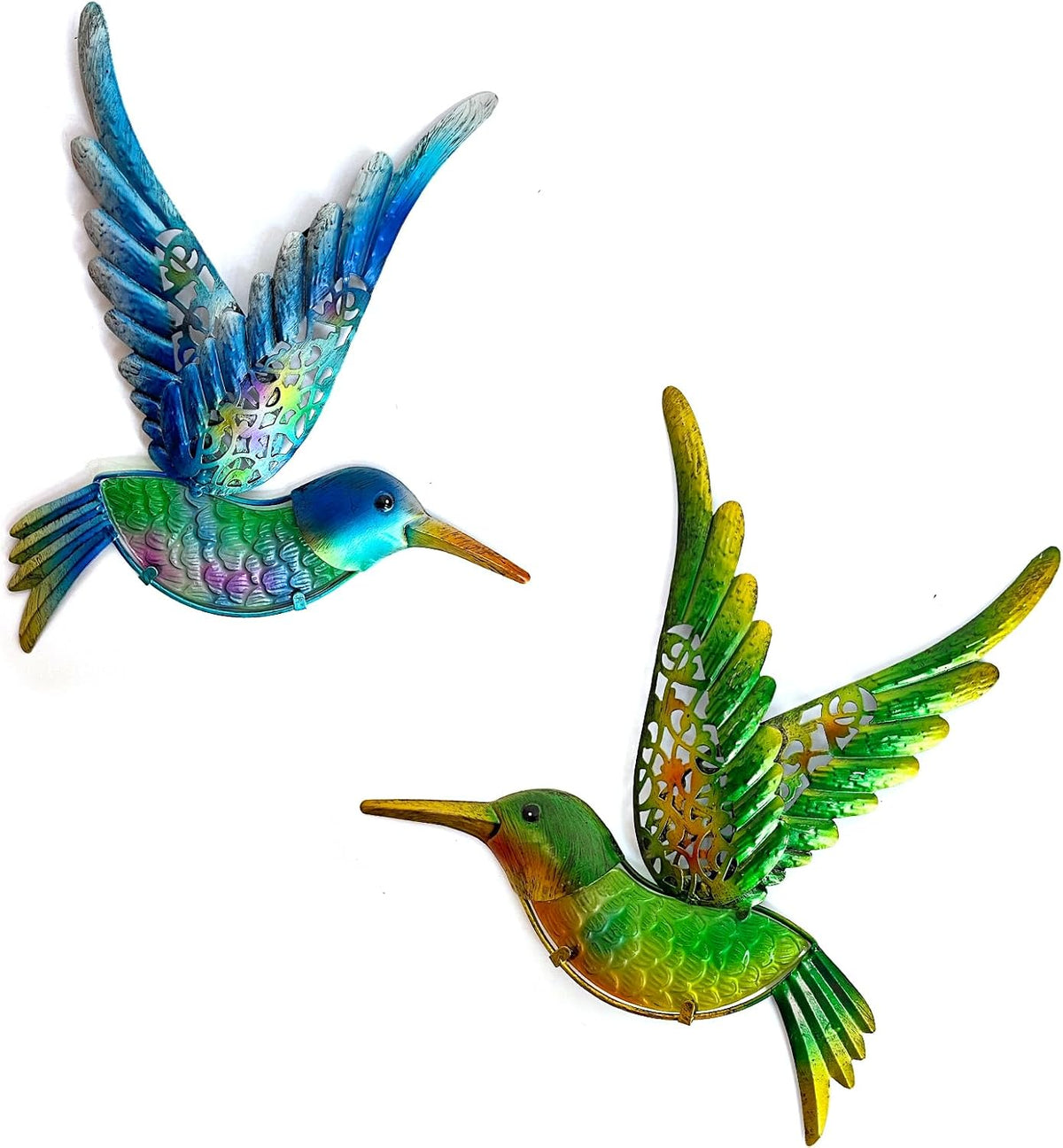 HONGLAND Metal Hummingbird Wall Art 12inch Metal Birds Wall Sculpture Garden Decoration Outdoor Statue Patio Fence Hanging Plaques 2 Pack（Blue-Green）