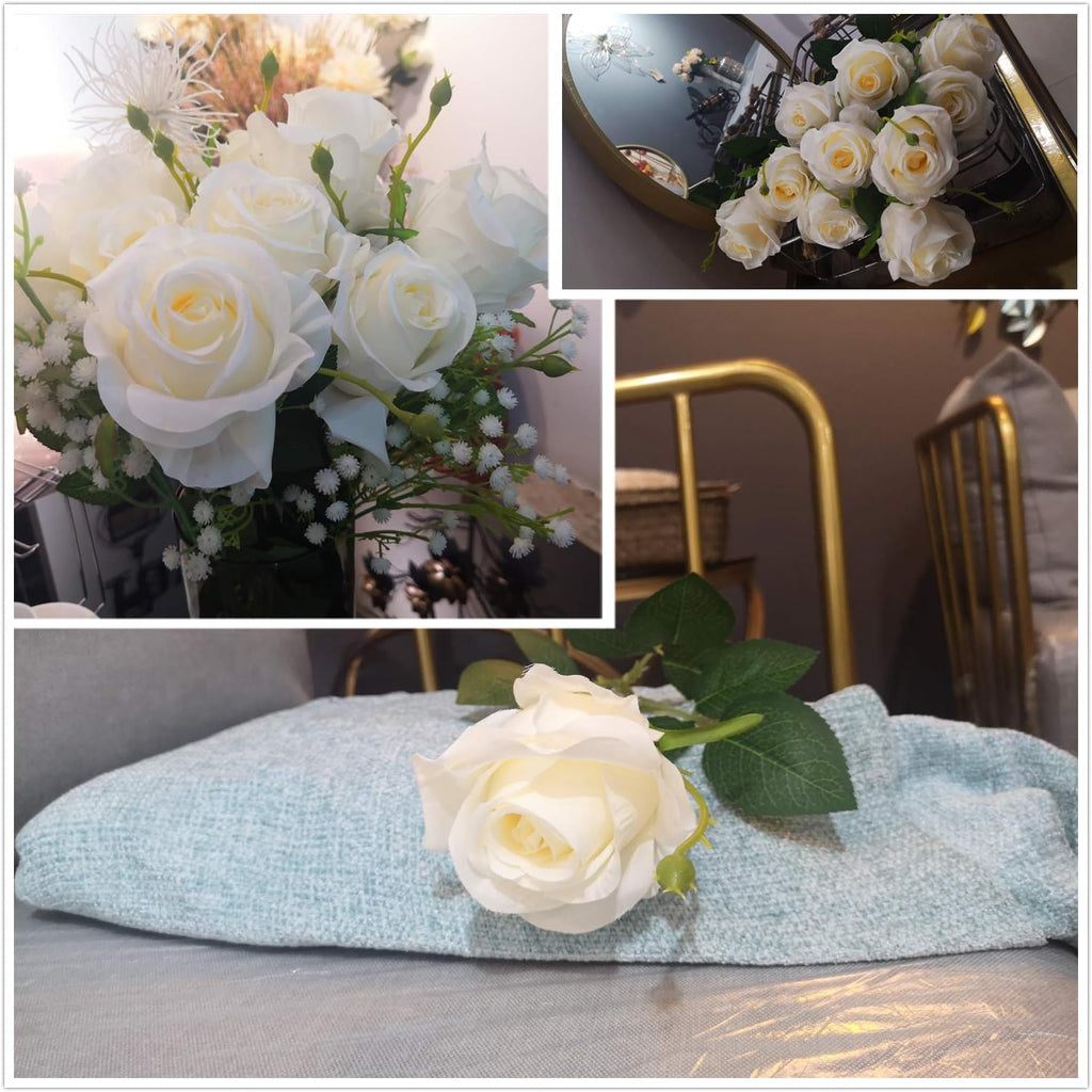 AnotherGifts Artificial Silk Rose Flower Bouquet Home Decor Wedding Party, Pack of 10 (Off White) Exclusive Style…