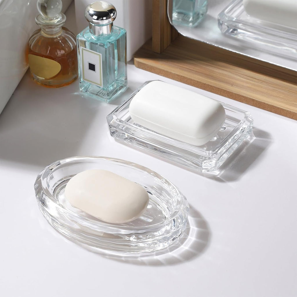 WHJY 2 Pack Glass Soap Dish Cute Bathroom Soap Dish Decorative Soap Dish Oval Soap Bar Container