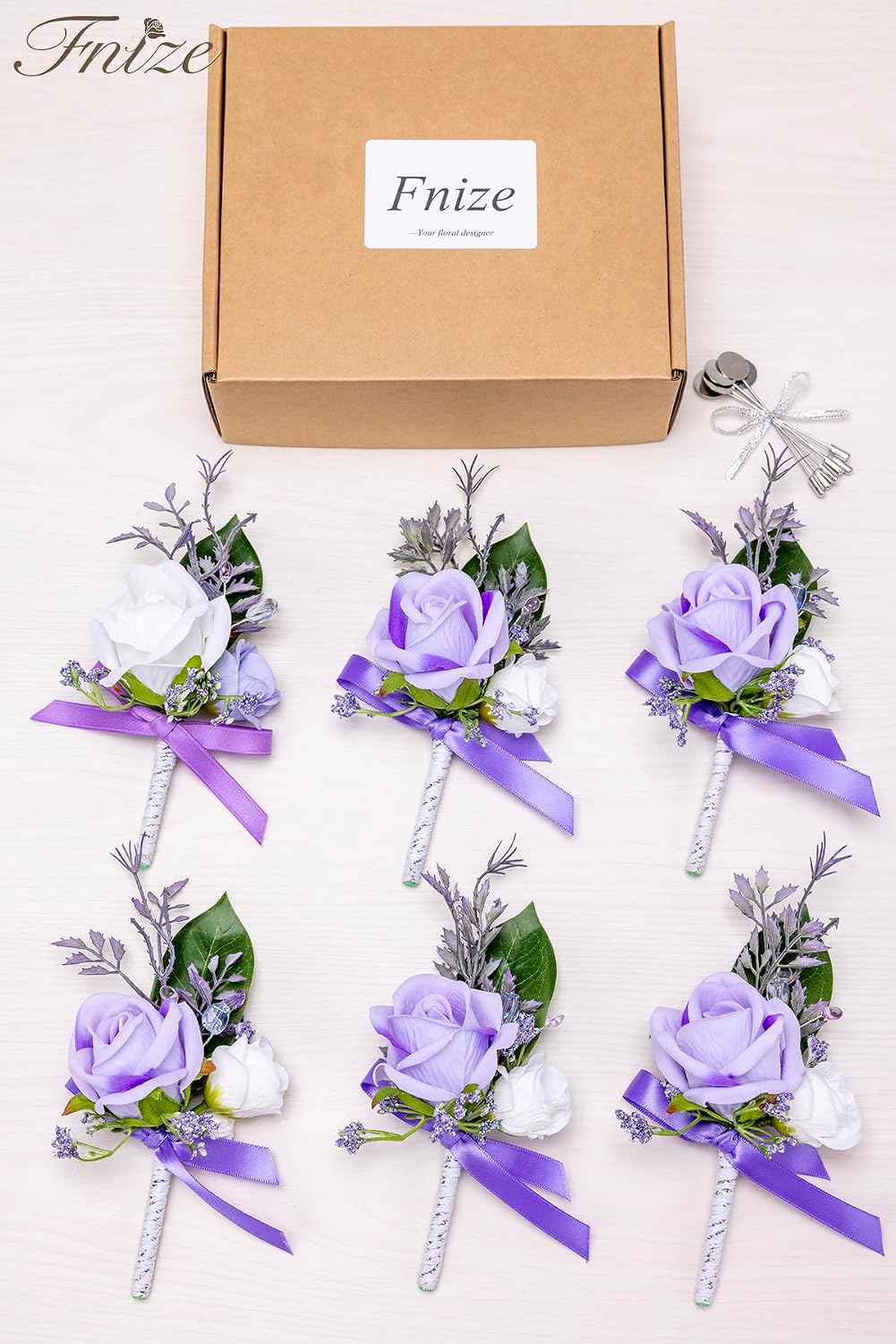Fnize Purple Boutonniere for Men Set of 6 Groom Groomsmen Wedding Flower