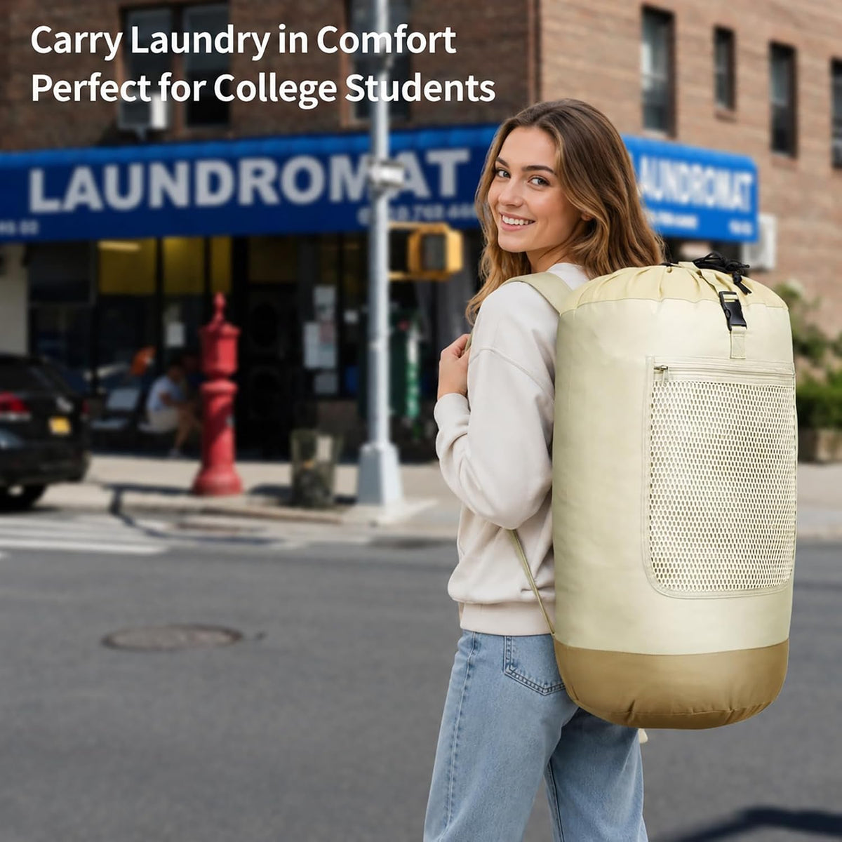 F-color Laundry Backpack Bag for College - 75L Laundry Bag, Khaki