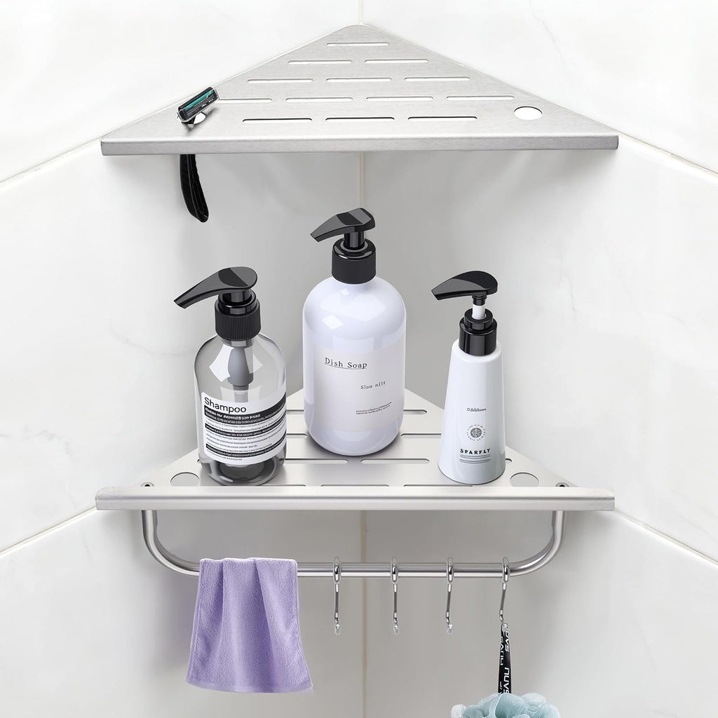 Shower Corner Shelf, 10'' Corner Shower Shelf with Towel Bar & Hooks, 2-Pack 304 Stainless Steel Recessed Bathroom Shelves, Grout in Bathroom Shower Shelf for Tiled Wall,(Brushed Nickel)
