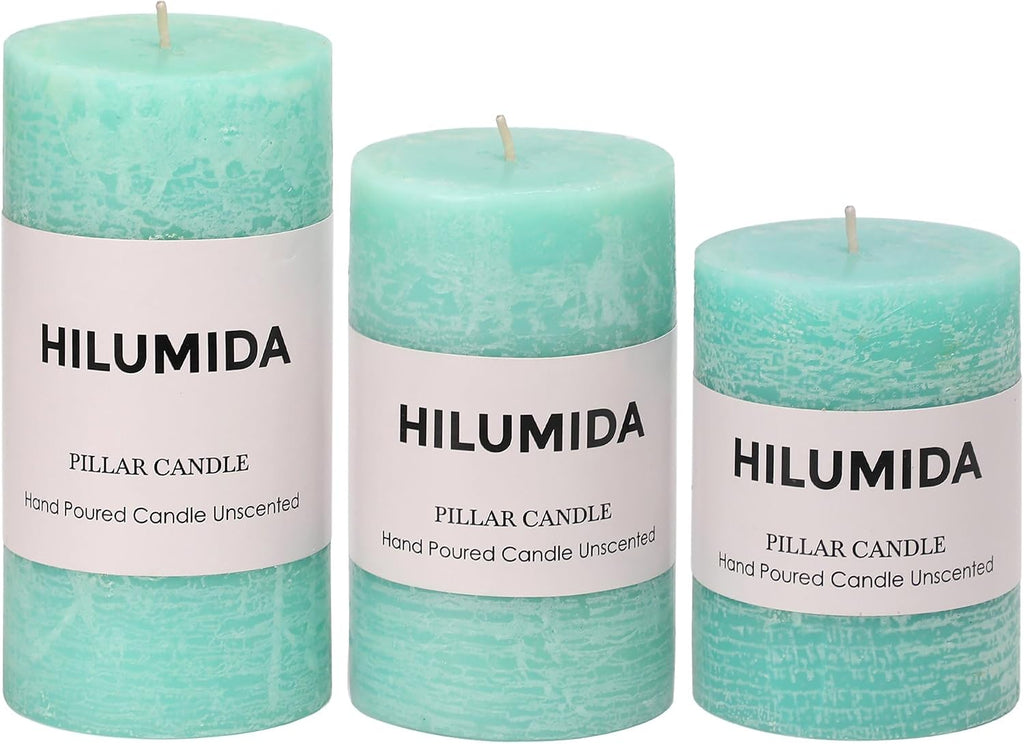 Turquoise Pillar Candles Set of 3 - Hand-Poured Unscented Candles,Smokeless Dripless Candles for Dinner Table and Home, Set of 3 in Different Sizes (3"x4", 3"x5", 3"x6")