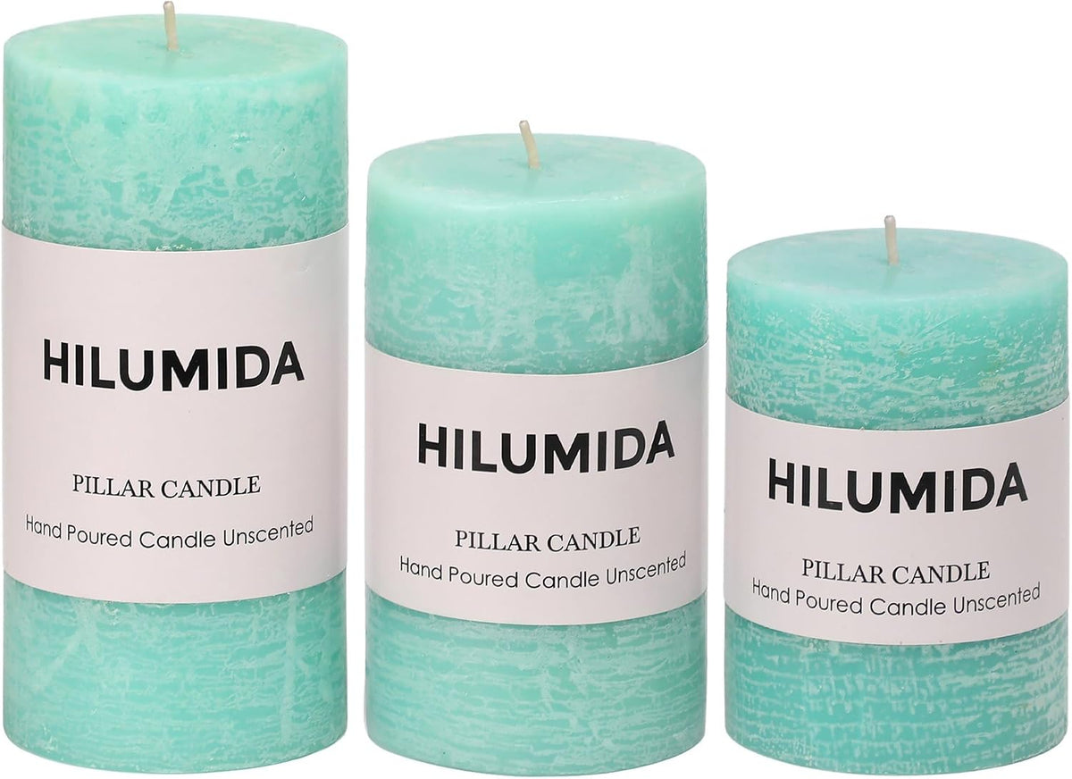 Turquoise Pillar Candles Set of 3 - Hand-Poured Unscented Candles,Smokeless Dripless Candles for Dinner Table and Home, Set of 3 in Different Sizes (3"x4", 3"x5", 3"x6")
