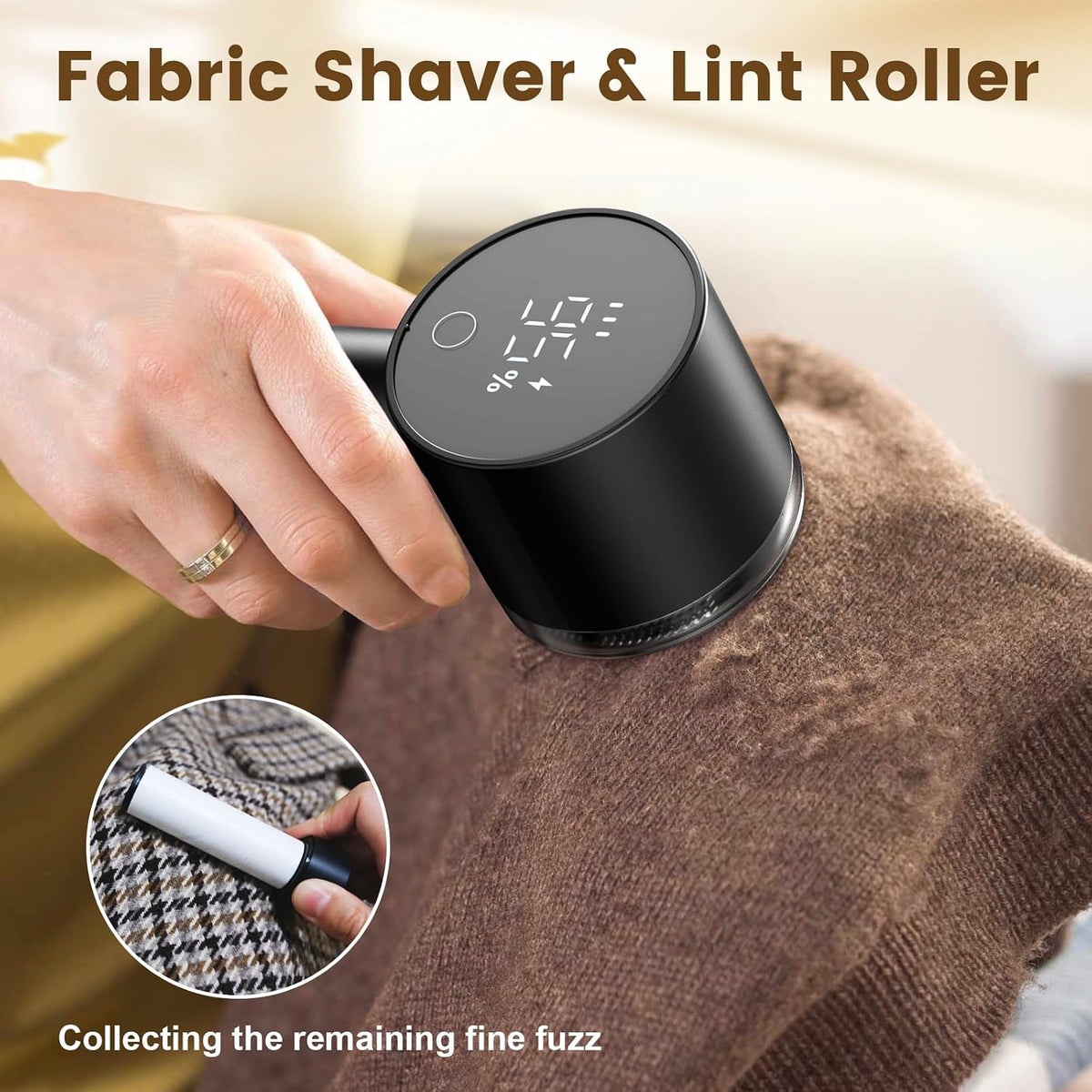 Rechargeable Fabric Shaver Defuzzer with Lint Roller, 2 Extra Blades, Black
