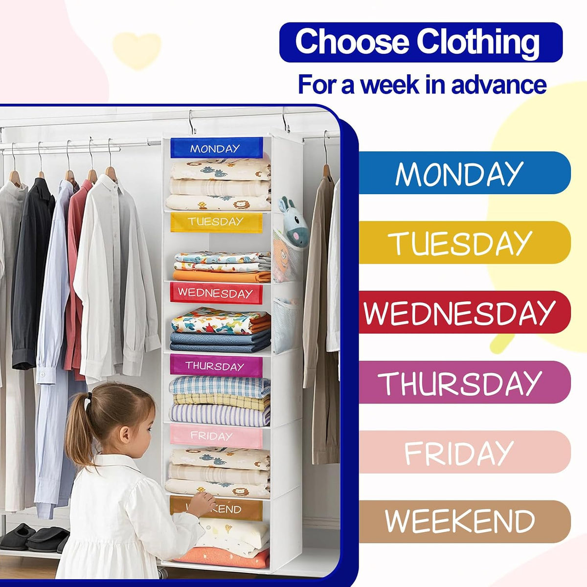 homyfort Weekly Clothes Organizer for Kids, 6-Shelf Hanging Closet Organizer with Colorful Labels, Space Saving Design with 2 Pockets, Daily Hanging Closet Shelves for Kids Room Storage, White