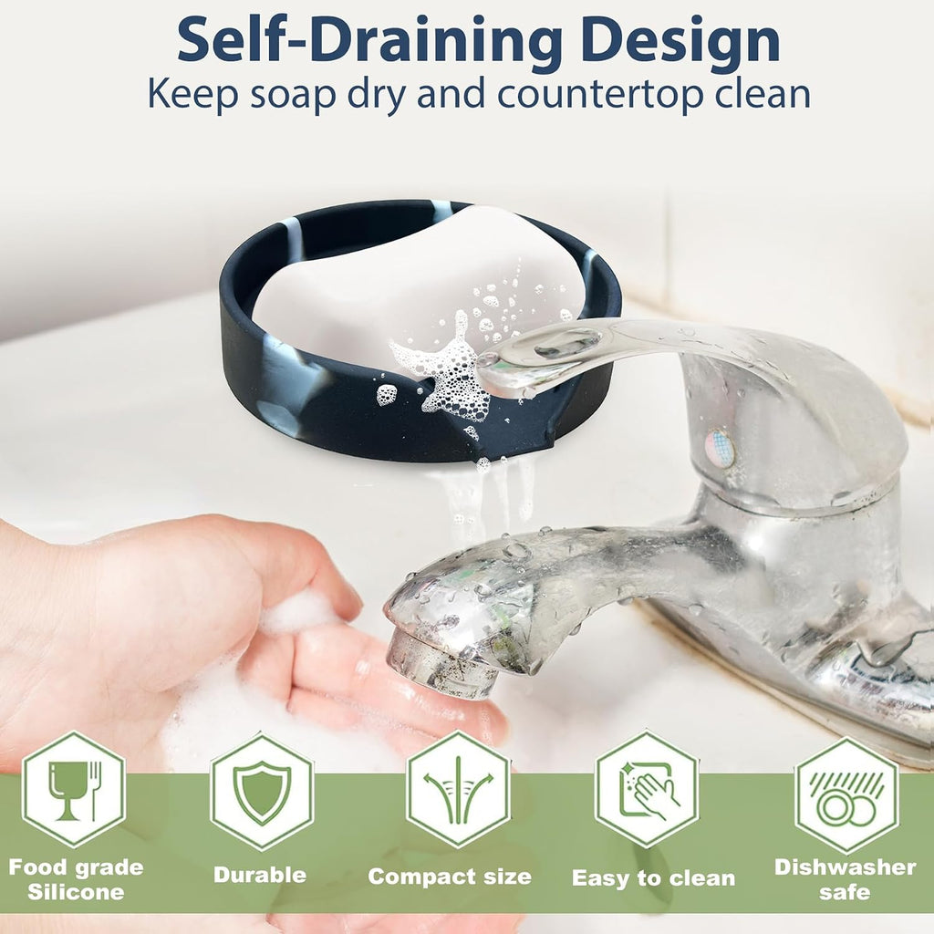 Self Draining Soap Dish, Silicone Soap Holder with Suction Cup and Drain Spout, Kitchen Bathroom Sink Organizer, Dish Soap Bar Tray Savers Sponge Holder, Perfect for Dispenser, Scrubber, Bottle, Cup