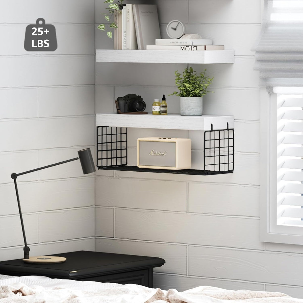 QEEIG Bathroom Shelves Over Toilet Wall (White and Black, Set of 2, 15.7")