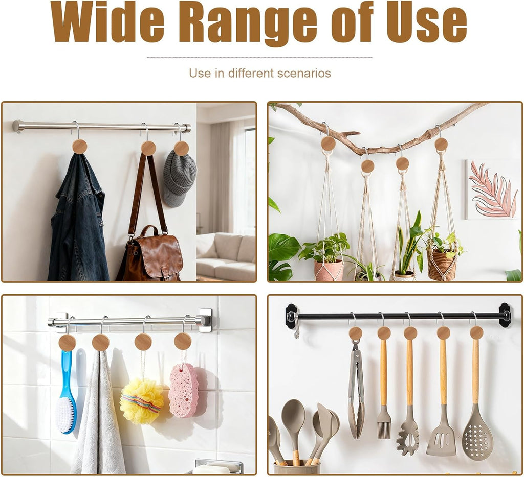 Shower Curtain Hooks, Wood Decorative Shower Curtain Rings, Modern Round Log Shower Curtain Hangers, 12PCS Shower Hooks for Shower Curtain Rod, Bedroom, Living Room (Silvery)