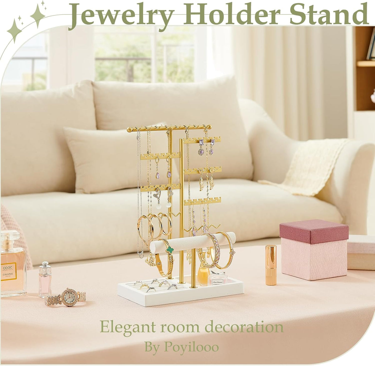 Poyilooo Earring Holder Jewelry Stand, 3 Tier Jewelry Organizer WhiteGold