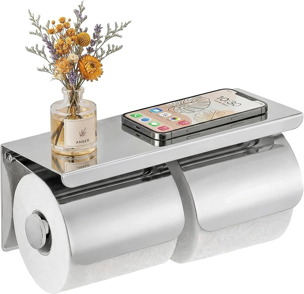 Double Toilet Paper Holder with Phone Storage Shelf Polished Chrome