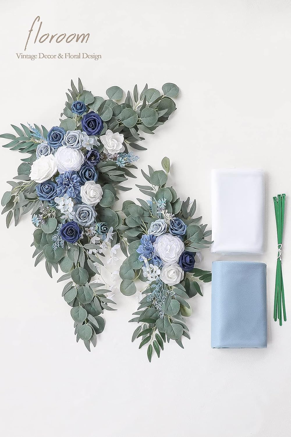 Floroom Arch Flowers with Drapes Kit (Pack of 4) - 2pcs Artificial Dusty Blue & Navy Blue Floral Swag Arrangement with 2pcs Draping Fabric for Wedding Ceremony Arbor and Reception Backdrop Decoration
