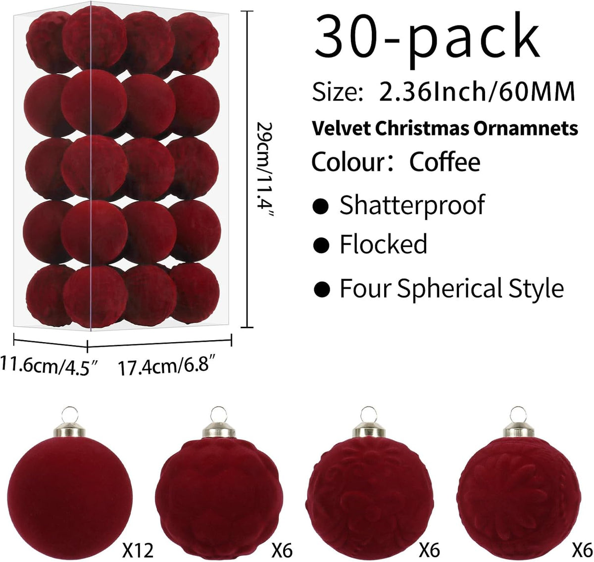 30PCS Burgundy Velvet Christmas Ball Ornaments for Xmas Tree Decorations