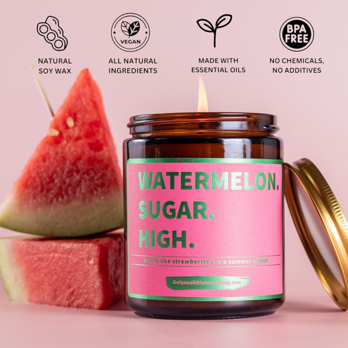 Watermelon Sugar High Scented Candle - Smells Like Strawberries on a Summer Evening - Harry Styles Gifts - Harry Merch - Harry S One Direction Present Idea Music Themed Gift for Fans