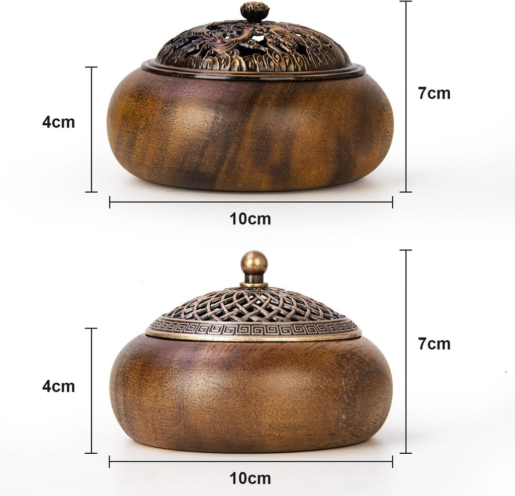 2 Pack Incense Cone Holder, Wooden Incense Burner with Brass Cover, Bakhoor Burners for Sticks Coil, Frankincense Room Home Decor Yoga Spa Meditation (R)