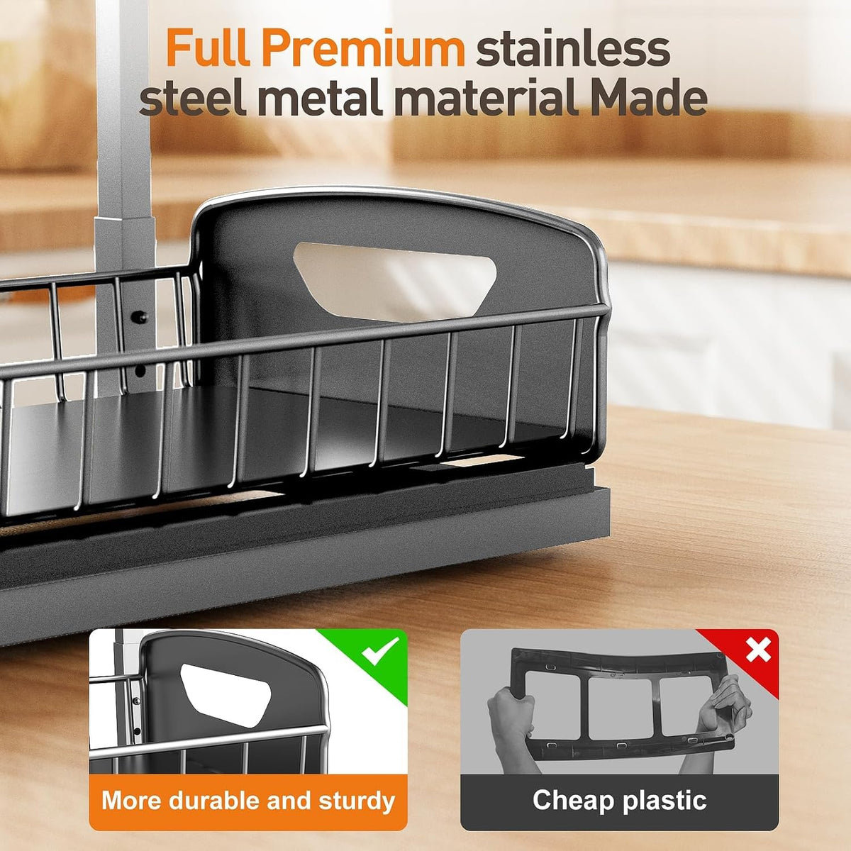 Under Kitchen Sink Organizer, Metal Pull Out Bathroom Organizers and Storage, 2-Tier Cabinet Organizer Shelf with Sliding Drawer, Home Organization for Kitchen, Laundry, Pantry, Dark Grey, 2 pack