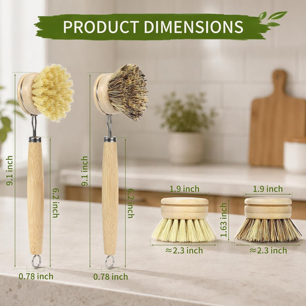 Bamboo Dish Brush with Handle, Natural Dish Brush Set Includes 2 Replacement Brush Heads, Kitchen Scrub Brush with Sisal and Palm Bristle for Cleaning Dishes, Pans and Vegetables