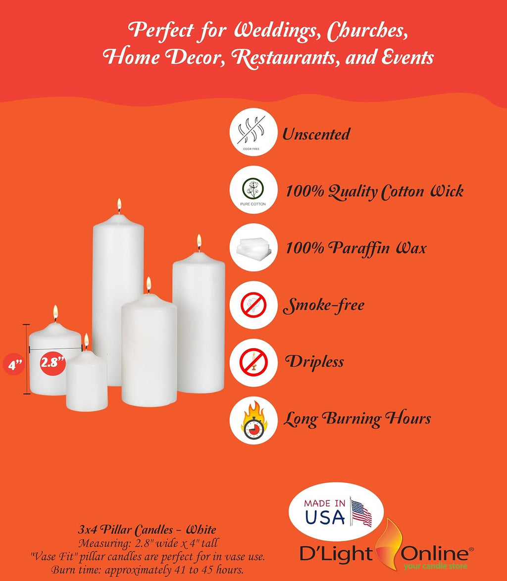D'light Online 3 X 4 Inch Pillar Candles Set of 12 Bulk Event Pack Round Unscented Premium Wax Pillar Candles for Wedding, Spa, Party, Birthday, Holiday, Bath and Home Decor (3X4, Red)