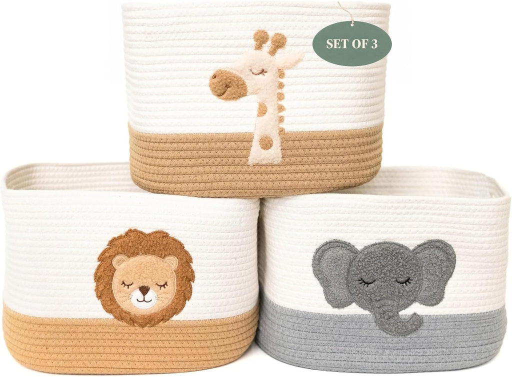Safari Nursery Storage Baskets Set of 3, Cotton Rope Shelf Bins, 13x10x9 in