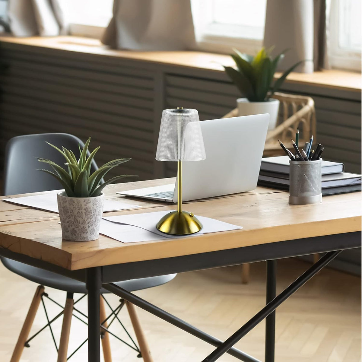 Cordless Rechargeable Metal Table Lamp, Cube Shade, Gold