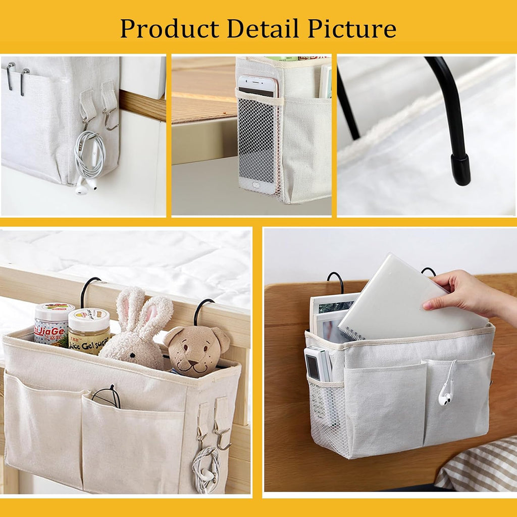 Bedside Caddy Organizer - Bedside Hanging Storage Bag with Hooks, Dorm Essentials Caddy for Bunk Bed & Dorm Bed Rails, Holds Books, Phones, Tablets, Glasses, Magazines & More (White)