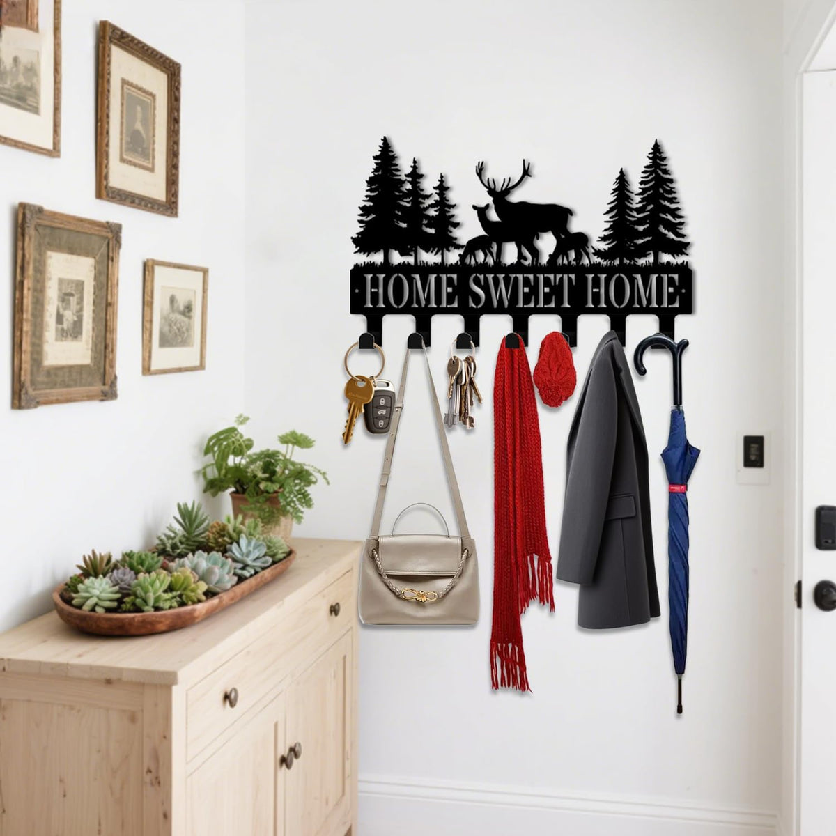 Key Holder Wall Mount, Home Sweet Home Sign, Deer Sign, Key Holder Wall for Wall Decorative with 6 Hooks, Organizer Rack Hanger for Entryway, Front Door, Hallway, Office 9.8 inches