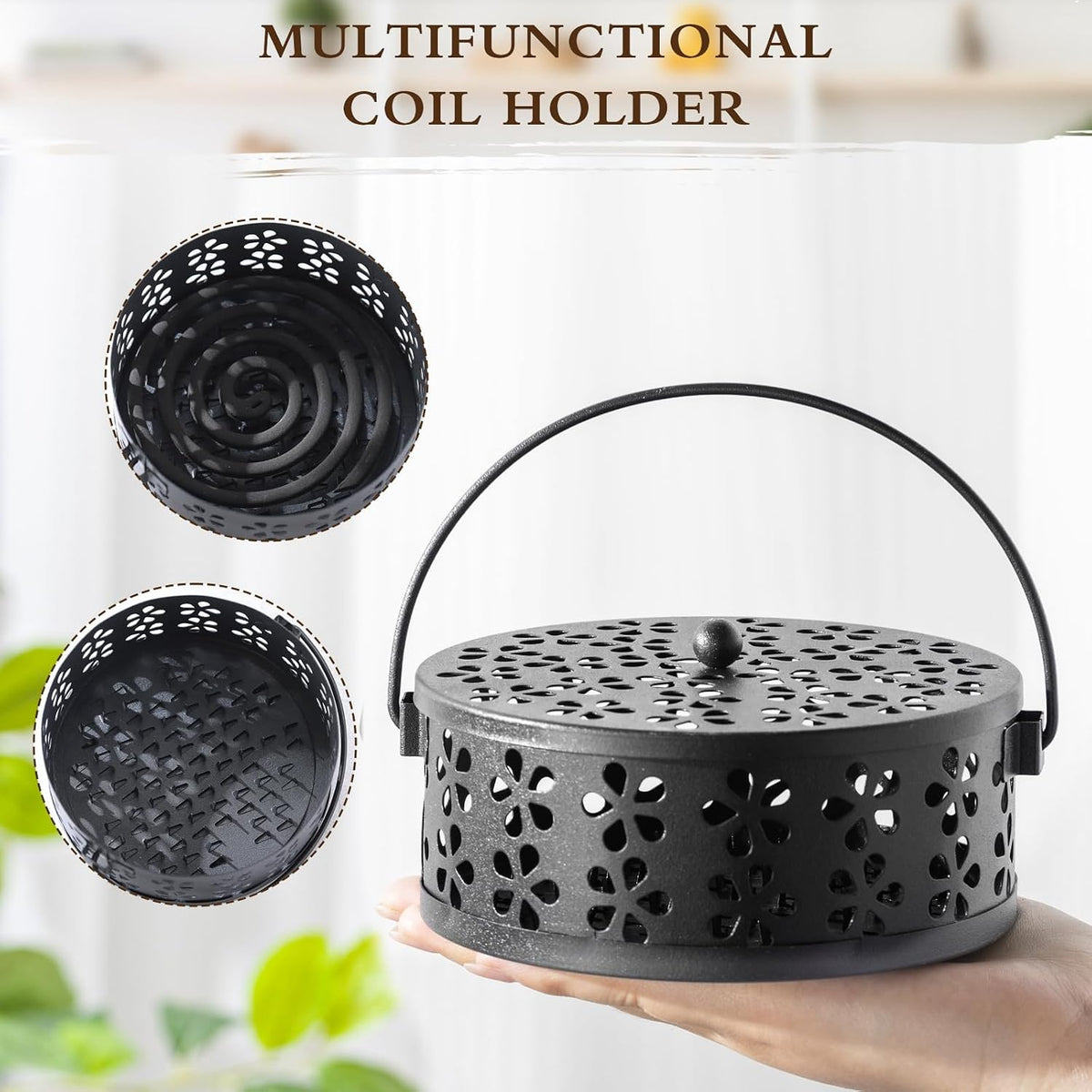 Lallisa 4 Pieces Mosquito Coil Holder Incense Coil Holder Retro Portable Metal Hanging Incense Burner with Handle Round for Home Camping Indoor Outdoor Patio(Black)