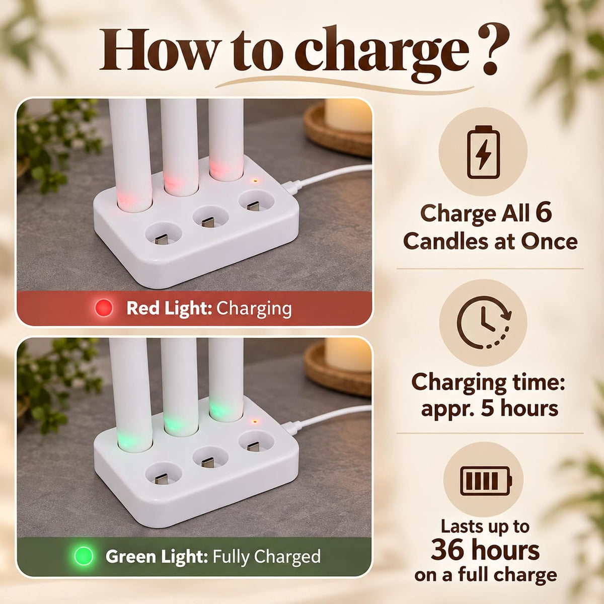 Fanna 6-Pack Rechargeable Led Taper Candles with Charging Panel, H 9.8"