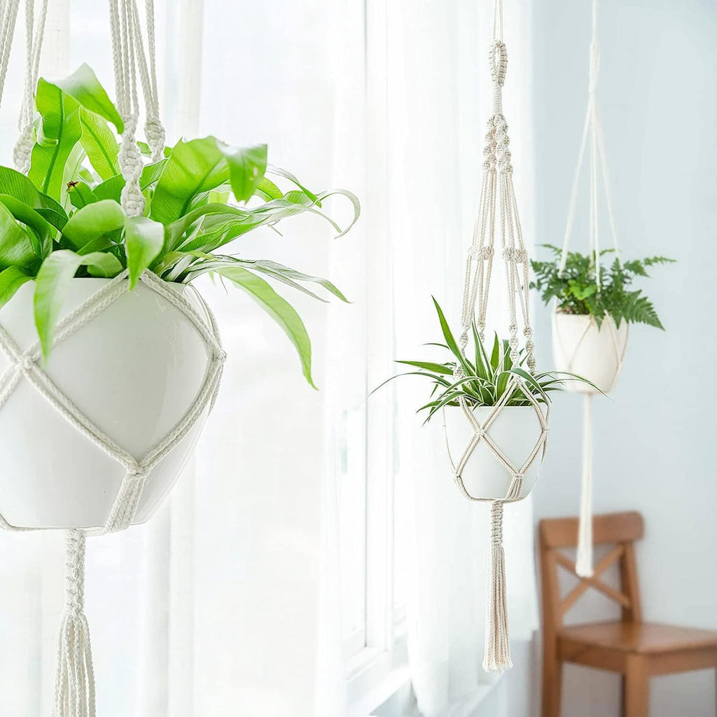 Mkono 3 Pack Macrame Plant Hanger, Hanging Planters for Indoor Plants Ivory