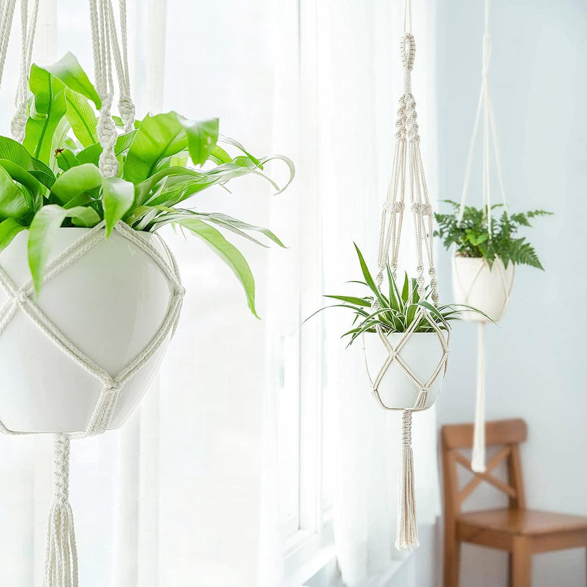 Mkono 3 Pack Macrame Plant Hanger, Hanging Planters for Indoor Plants Ivory
