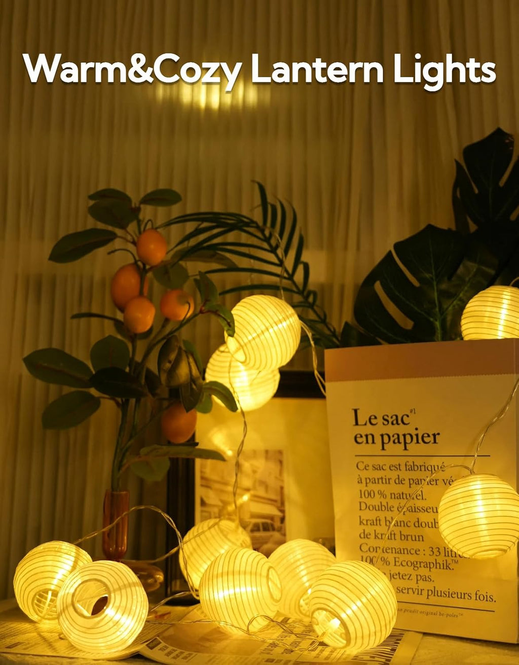 Lantern String Lights 10FT 10Leds Battery Powered, Cozy Fashionable Globe String Lights for Bedroom with Timer Room Decoration for Dorm, Plants, Bed Frame(Lanterns Need Simple Assembly)