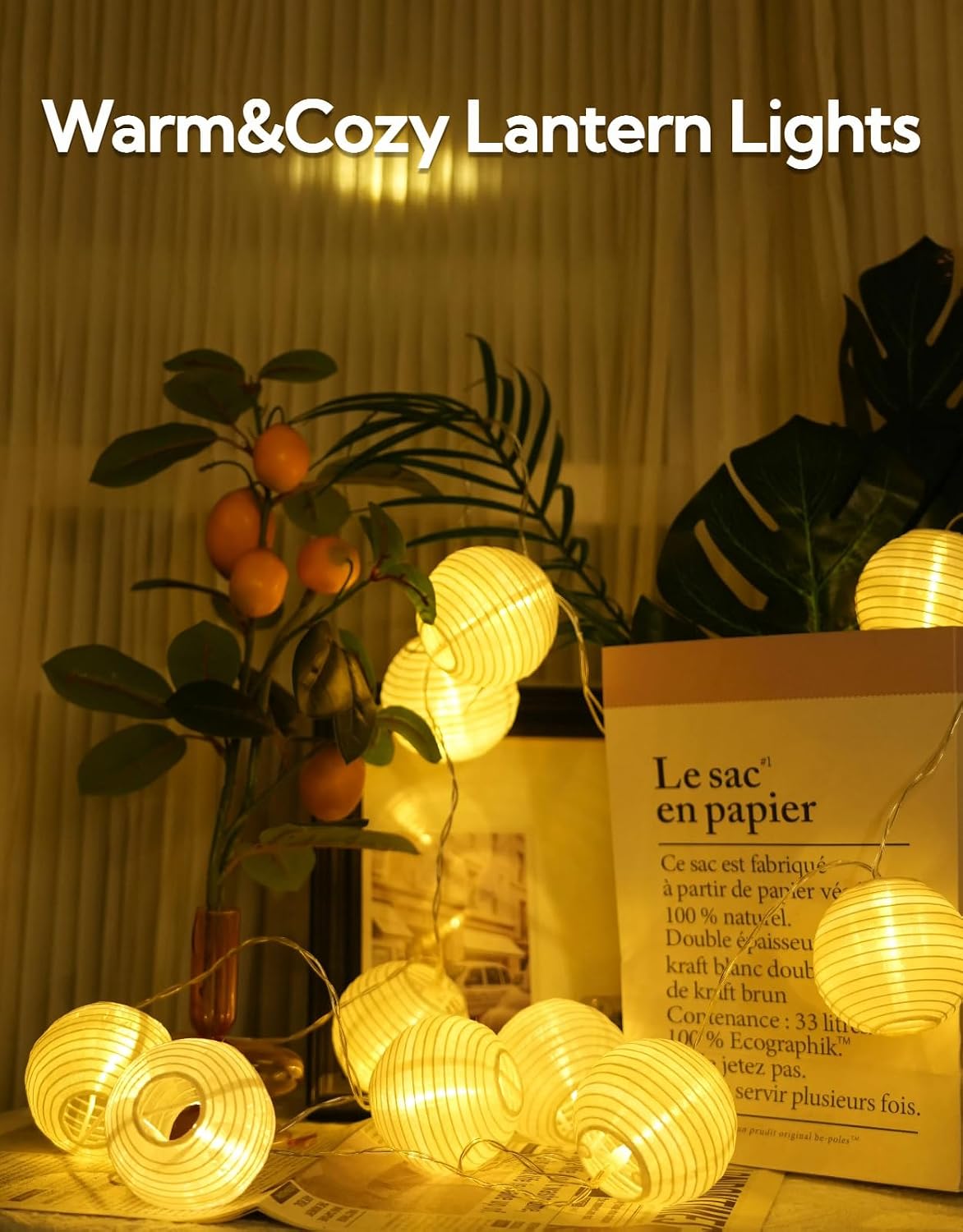 Lantern String Lights 10FT 10Leds Battery Powered, Cozy Fashionable Globe String Lights for Bedroom with Timer Room Decoration for Dorm, Plants, Bed Frame(Lanterns Need Simple Assembly)