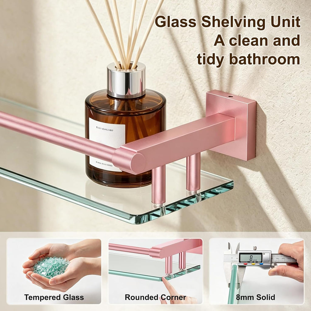 Glass Shelf for Bathroom Rectangular Stainless Steel Tempered Glass Modern Stainless Steel Wall Mount Shelf (Pink, 24″ with Railing)