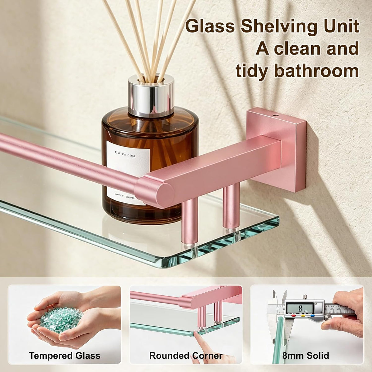 Glass Shelf for Bathroom Rectangular Stainless Steel Tempered Glass Modern Stainless Steel Wall Mount Shelf (Pink, 24″ with Railing)