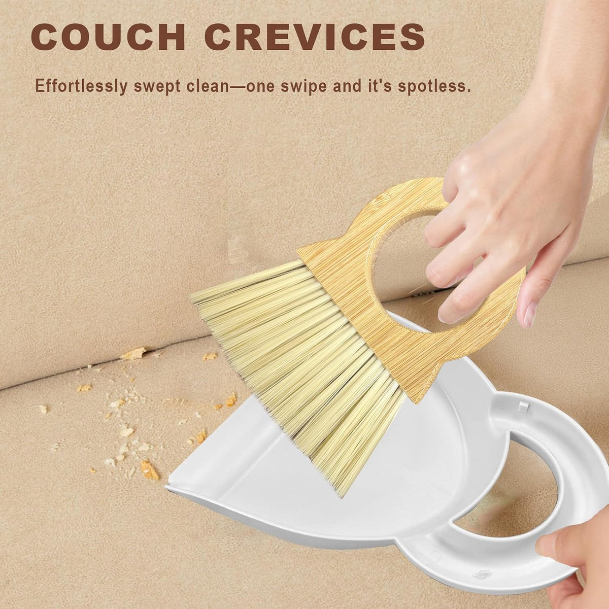 Mini Broom and Dustpan Set - Compact Bamboo Handle Cleaning Kit with Mini Dustpan Brush for Countertops, Tables, Desks - Small Dust Pan and Broom Combo for Tiny Spaces (White)