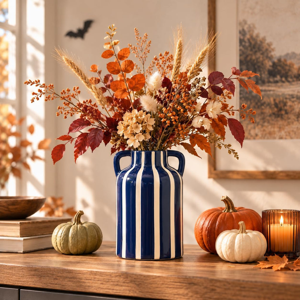SURE YUESI Blue Ceramic Vase with Handles, Modern Farmhouse Striped Decorative Vase, 9.1" Art Deco Tall Flower Vases for Pampas Grass, Shelf Decor, Dining Table Centerpiece, Living Room Home Decor