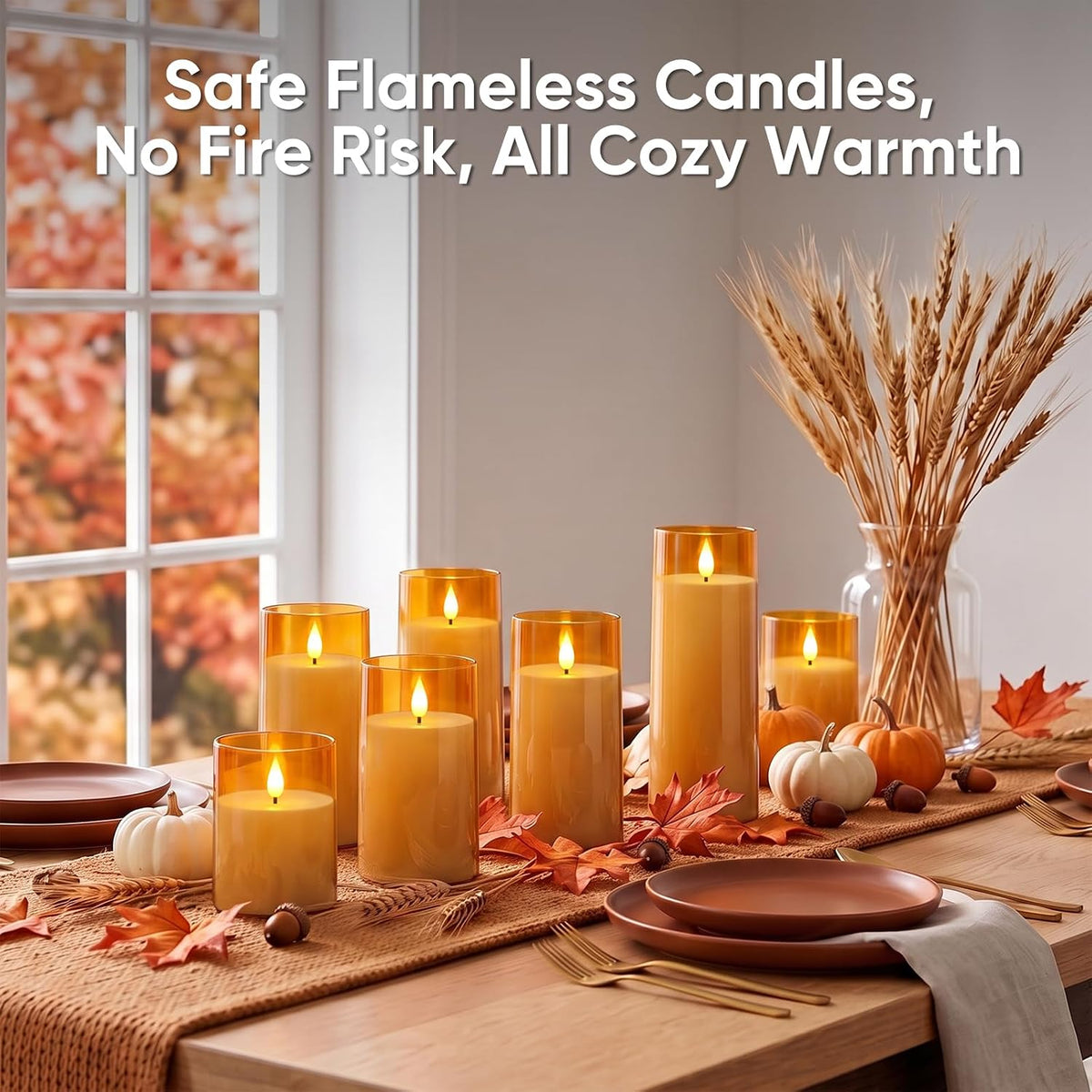 Raycare Amber Battery Operated Candles Flameless Candles with Timer and Remote 3" x 4" 5" 6" 8" 8", 5 Pcs Acrylic Flickering LED Pillar Candles Romantic Ambiance and Home Decoration