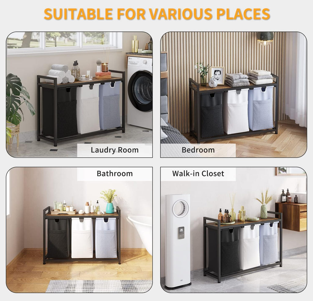 LIVEHOM Laundry Basket Three Laundry Hamper with Removable Bags, Fabric Handles, Large Top Shelf and Laundry Bag for Bathroom, Dorm, Laundry Room