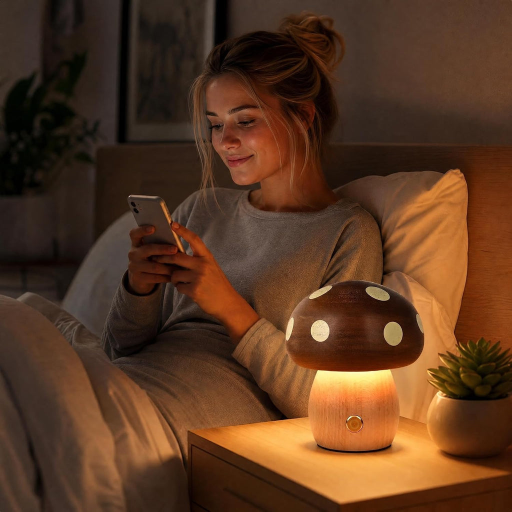 LONRISWAY 2Pack Wood Small Mushroom Table Lamp, LED Rechargeable Cordless Touch Bedside Lamps, Wireless Stepless Dimming Night Light, Portable Battery Lamp for Bedroom Nightstand for Birthday Gifts