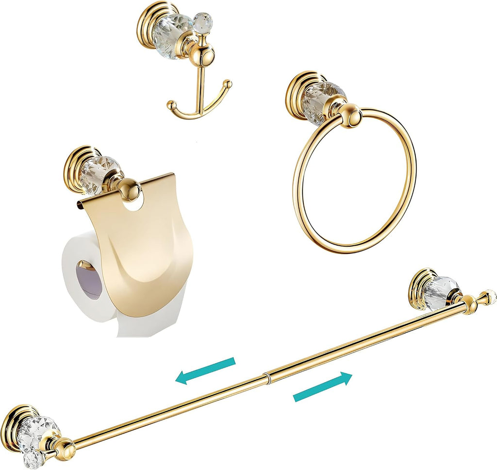 WINCASE Gold Bathroom Accessories, Adjustable Crystal Towel Bar Set, Golden Hardware Set Hand Towel Ring Racks Paper Holder Hook Wall Mounted