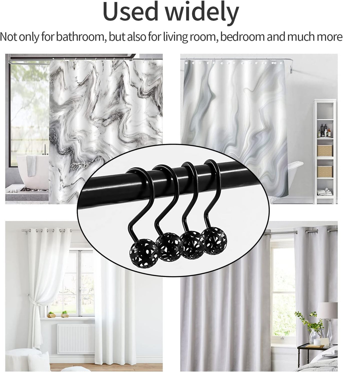 MitoVilla 24 Pcs Set Black Shower Curtain Hooks, Metal Shower Hooks for Shower Curtain & Liner, Hollow Ball Rust Proof Shower Rings for Curtain Accessories and Bathroom Shower Rod