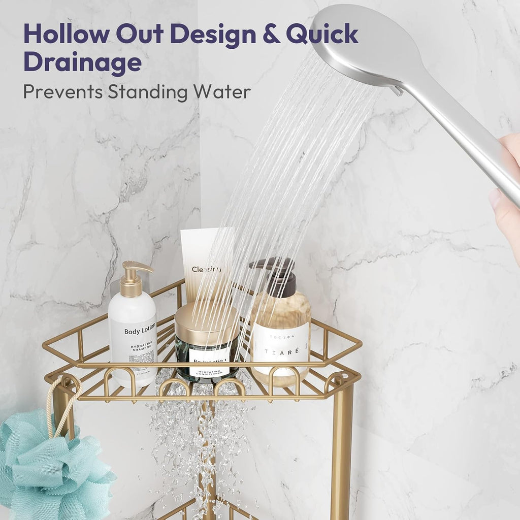 SWTYMIKI Standing Shower Caddy Corner - 3‑Tier Stainless Steel Shower Organizer Shelf with 12 Hooks and Adhesive Pads, Rustproof Corner Shelves Stand Rack for Bathroom Shower Room, Gold