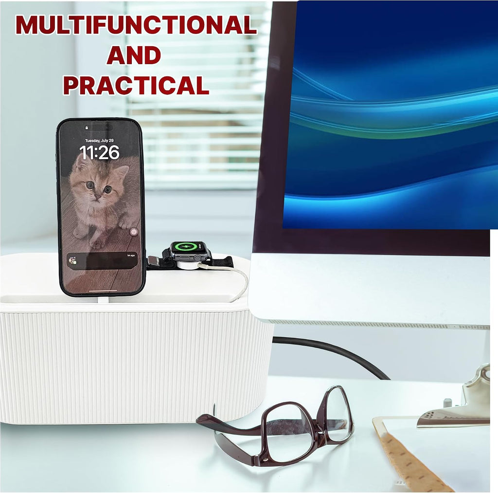 Cable Management Box, White Cord Organizer Box with Lid, 12.4 x 5.1 x 4.8 in, Includes 5 Reusable Cable Ties and 4 Anti-Slip Pads, Cable Hider for Desk, TV Stand, Office