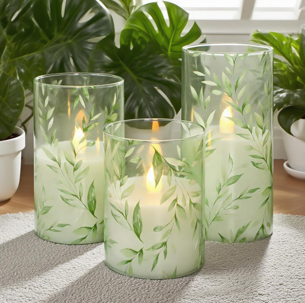 Green Flameless Candles with Remote Control Set of 3